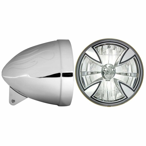 In Pro Car Wear 7 in. Flamed Headlight Bucket, Chrome with T70X00-SR Iron Cross Skull Lamp HB74010-XSR